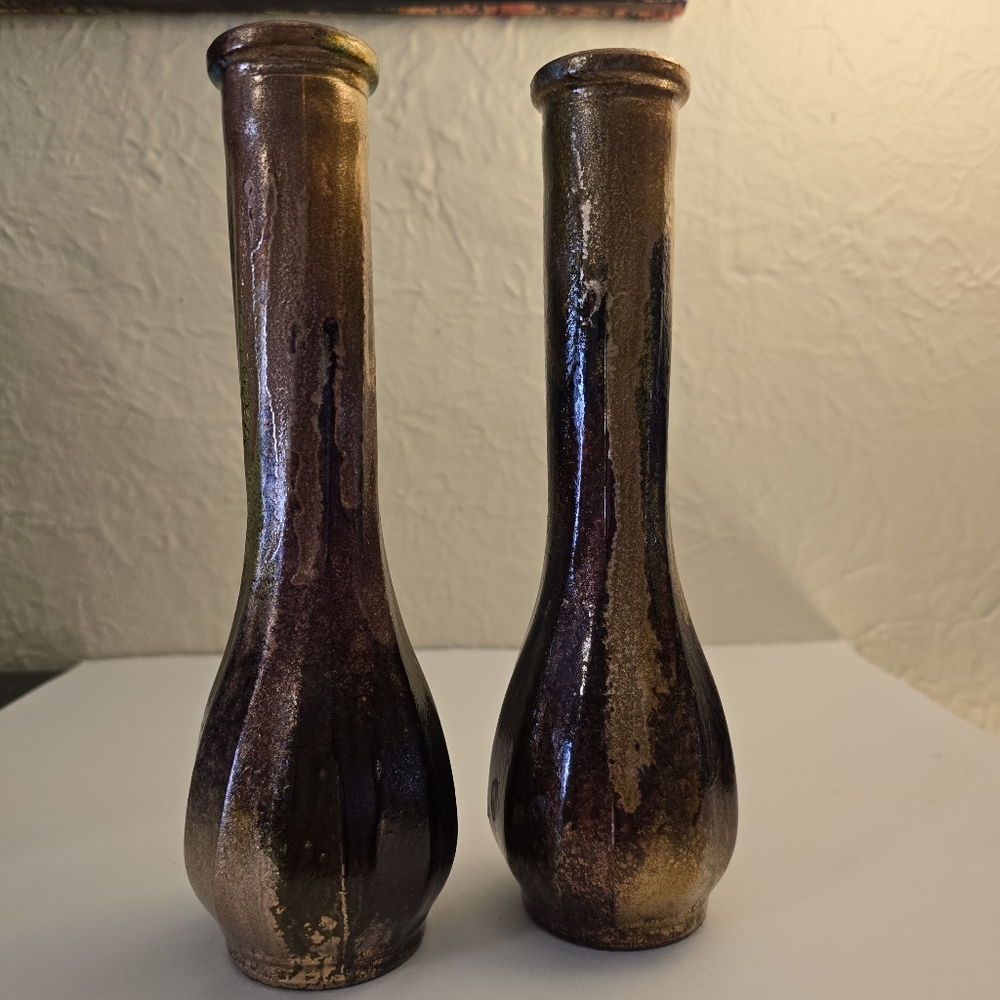 2 HANDCRAFTED Upcycled Glass Vases Brown & Copper HANDPAINTED Tabletop Art Decor - Picture 16 of 17